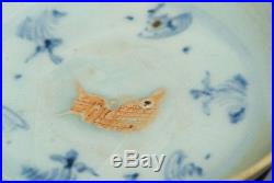 Antique Ming Dynasty Blue White Porcelain Red Fish Hole Bottom Dish Saucer 12cm