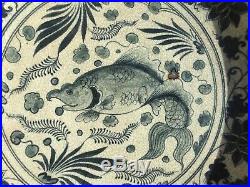 Antique Ming Dynasty Japanese Large Cobalt Blue White Charger Carp Grapes 14