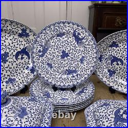 Antique Myott & Son Satsuma Blue & White Dinner Set Plates Platters 6 Person