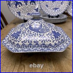 Antique Myott & Son Satsuma Blue & White Dinner Set Plates Platters 6 Person