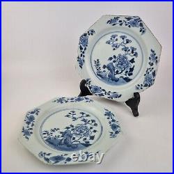 Antique Pair 18thC Chinese Blue And White Octagonal Plates Decorated Flowers