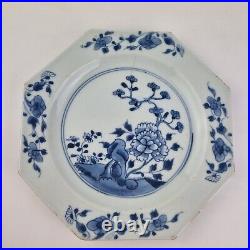 Antique Pair 18thC Chinese Blue And White Octagonal Plates Decorated Flowers