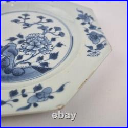 Antique Pair 18thC Chinese Blue And White Octagonal Plates Decorated Flowers