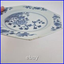 Antique Pair 18thC Chinese Blue And White Octagonal Plates Decorated Flowers