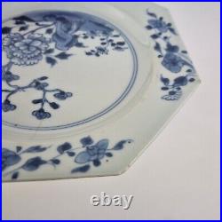 Antique Pair 18thC Chinese Blue And White Octagonal Plates Decorated Flowers