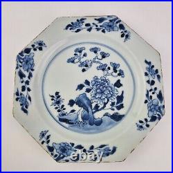 Antique Pair 18thC Chinese Blue And White Octagonal Plates Decorated Flowers