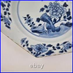 Antique Pair 18thC Chinese Blue And White Octagonal Plates Decorated Flowers