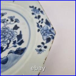 Antique Pair 18thC Chinese Blue And White Octagonal Plates Decorated Flowers