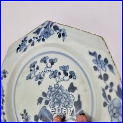 Antique Pair 18thC Chinese Blue And White Octagonal Plates Decorated Flowers