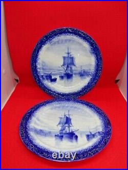 Antique Pair Of Royal Crown Derby Ship Scene Plates Blue & White 9