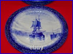 Antique Pair Of Royal Crown Derby Ship Scene Plates Blue & White 9