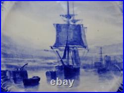 Antique Pair Of Royal Crown Derby Ship Scene Plates Blue & White 9