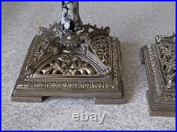 Antique Pair Silver Plated Candlesticks Blue White Column Registered 1861