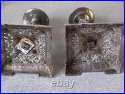 Antique Pair Silver Plated Candlesticks Blue White Column Registered 1861