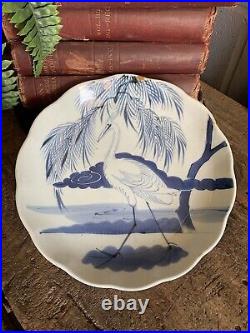 Antique Porcelain Nanking Japanese Crane Plate Scalloped Blue White Provenance