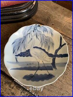 Antique Porcelain Nanking Japanese Crane Plate Scalloped Blue White Provenance