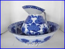 Antique Ridgways England #6 Wash Basin & Pitcher Floral Pattern Cobalt Blue