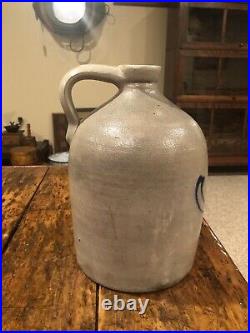Antique Saltglazed Whites 2 gallon Stoneware jug- cobalt blue slip trail flower
