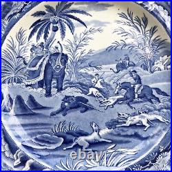 Antique Spode Indian Sporting Death Of The Bear Blue White Dinner Plate 1800's