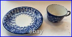 Antique Spongeware Spatterware Dinner Plate & Mush Cup Blue & White Vtg RARE