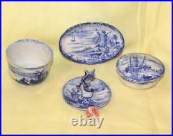 Antique Staffordshire Empire Works Blue & White Vanity Set Sailboats & Windmills