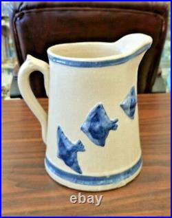 Antique Three Birds Stoneware Blue Band Pitcher White Hall Marvelous