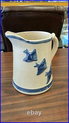 Antique Three Birds Stoneware Blue Band Pitcher White Hall Marvelous