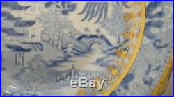Antique Two Europian Transferware Blue & White 24k Gold Chinoiserie Deep Plates