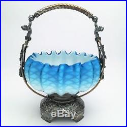 Antique Victorian Silver Plate Bride's Basket w Blue & White Glass Bowl Cherubs