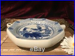 Antique Vintage Asian Blue & White Food Warming Plate Hot Water Platter