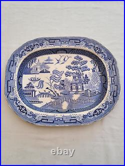 Antique White and Blue Oval Large Charger Plate Some Crackling to Glaze