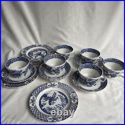 Antique Yuan blue and white china tea cup and sauce 6 tea plates by Wood and Son