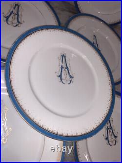 Antique c1891-1900 Paris Limoges France Set 7 Plates Blue A Monogram Gilt 9.75