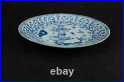 Antique chinese blue and white plate with ladies, Qing