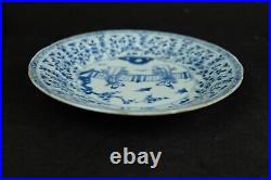 Antique chinese blue and white plate with ladies, Qing