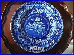 Antique dark blue/white staffordshire plate with floral, fruit, and bird