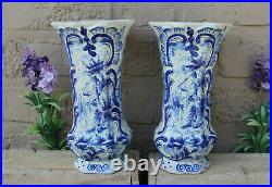 Antique delft blue white pottery ceramic Vases marked Lady catching birds