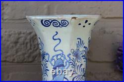 Antique delft blue white pottery ceramic Vases marked Lady catching birds