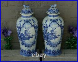 Antique delft blue white pottery ceramic dutch mill scene foo dog lid vases mark