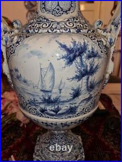 Antique delft large blue white pottery ceramic dutch vases mark 19 century