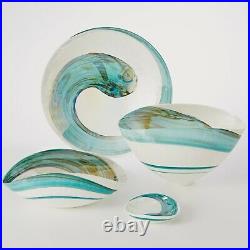 Art Glass Aqua Blue White 7 in Decorative Bowl Set 2 Italy Murano Folded Swirl