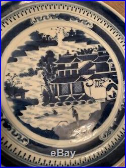 Asian Chinese Export Nanking Pattern Canton Pair Blue & White Porcelain Plates