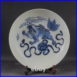 Beautiful Chinese Hand Painting Blue White Porcelain Lion Plate