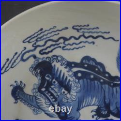 Beautiful Chinese Hand Painting Blue White Porcelain Lion Plate