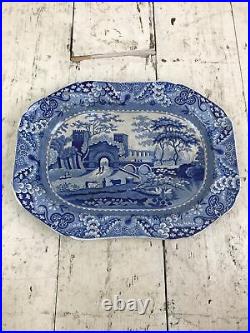 Blue And White Transfer Meat Plate Depicting Cow, Gatehouse & River Scene