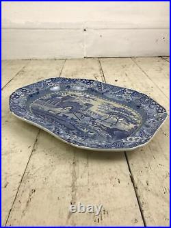 Blue And White Transfer Meat Plate Depicting Cow, Gatehouse & River Scene