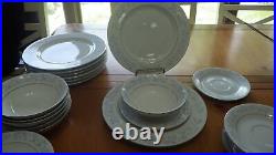 Blue White Fine China Dinnerware Set Blue Floral Design rimmed Platinum 29 pcs