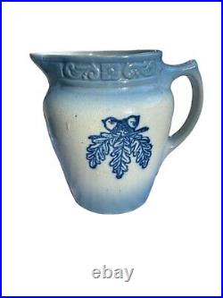 Blue & White Stoneware Stenciled ACORN Pitcher Brush McCoy Pottery Ohio OH