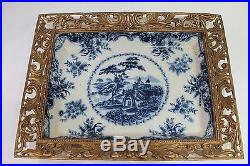 Blue and White Chinoiserie Porcelain Plate Tray Rectangle Ormolu Accents