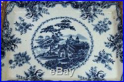 Blue and White Chinoiserie Porcelain Plate Tray Rectangle Ormolu Accents